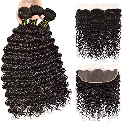 Brazilian Deep Wave Lace Frontal with Bundles Virgin Human Hair Deep Curly Bundles Ear to Ear Lace Frontal with Bundles100% Unprocessed Human Hair Extensions Natural Color(20 22 24+18)
