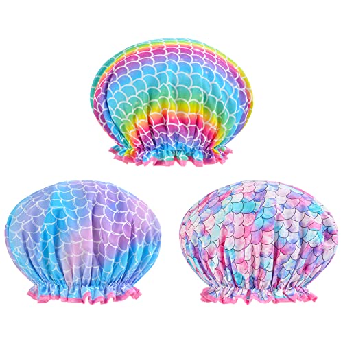 Shower Cap for Kids, 3 Pcs Kids Shower Caps for Girls, Cute Rainbow Hair Cap Wide Elastic Band, Plastic Reusable Waterproof Toddler Shower Cap, Large Bath Cap for Kids Girls Women (Mermaid)