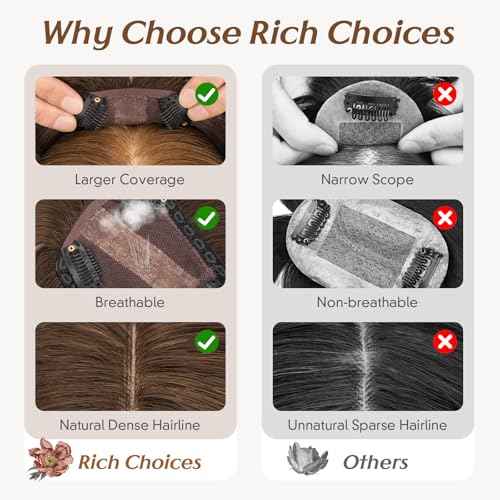 Rich Choices Real Human Hair Toppers for Women 3D Cover Clip in Bangs 100% Remy Human Clip in Silk Base Hair Topper with Bang for Thinning 150% Density 12 Inch #2R Chocolate Brown