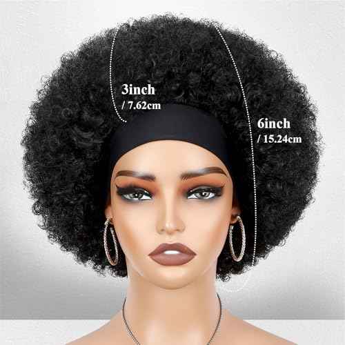 Quick Wig Afro Headband Wig Natural Black Short Afro Kinky Curly Wigs with Headbands Attached Glueless Synthetic Wear and Go for Black Women Fluffy Bouncy Afro Wigs for Daily Party