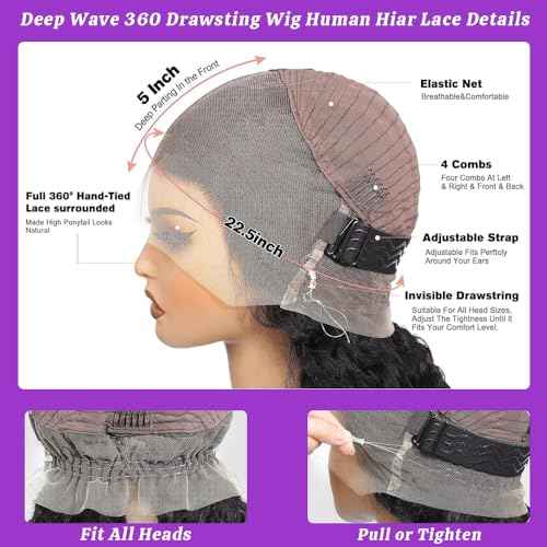 360 Lace Front Wigs Human Hair Hidden Strap Deep Wave Lace Front Wigs Human Hair Pre Plucked with Drawstring 180% Density Deep Wave Wig 360 Glueless HD Full Lace Front Wigs for Women 26 Inch