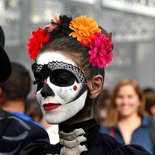 Hotop 10 Pcs Day of the Dead Flower Crown Headband Mexican Headband with Monarch Butterfly for Fiesta Hat Party Supplies