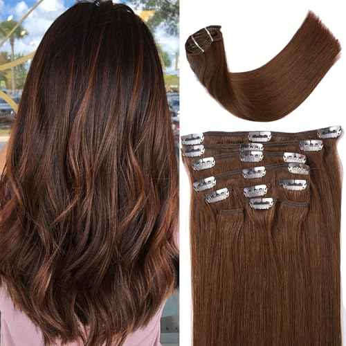 Clip in Hair Extensions Real Human Hair for White Women Dark Brown,100% Natural Premium Remy Human Hair 20 Inch 10pcs 100g/Set,Straight Clip Hair Extensions with Double Weft