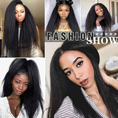 HANNE Kinky Straight Bundles with Lace Closure Yaki Long Straight Hair Bundle for Black Women Heat Resistant 3 Bundles with Closure Hair Extensions (18 20 22 Black)