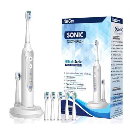 Sonic Electric Toothbrush for Adults with 5 Toothbrush Replacement Heads, 3 Brushing Modes & 2 Minutes Built-in Timer, Travel Toothbrushes with Inductive Charging, Rechargeable toothbrush | White