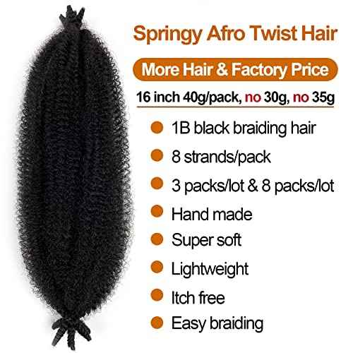 Marley Twist Braiding Hair 16 Inch Springy Afro Twist Hair 3 Packs Kinky Twist Hair for Braiding 1B Black Spring Twists Hair Curly Braiding Hair Extension for Black Women