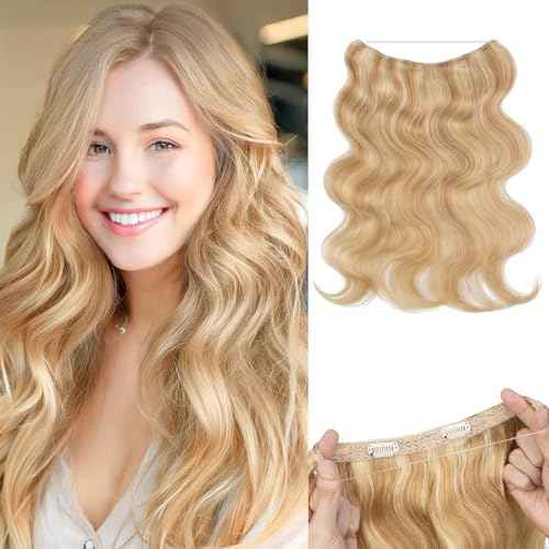 Halo Hair Extensions Real Human Hair Wavy Invisible Wire Hairpiece Adjustable One Piece With 2 Secure Clips For Women to Add Length,16 Inch 18P613 Gold Blonde Mixed Bleach Blonde,65g
