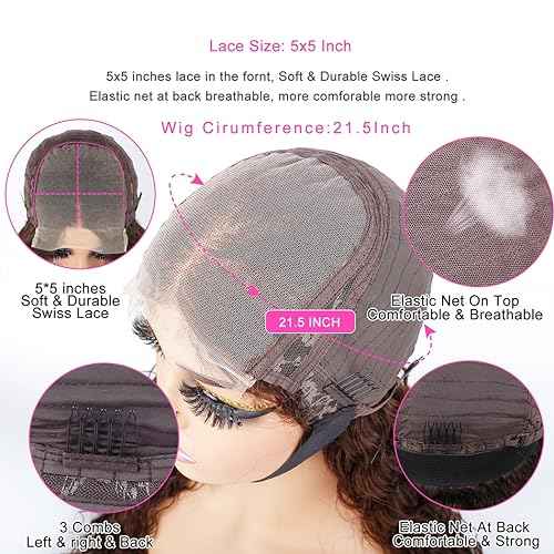 Odir Water Wave 5x5 Lace Closure Glueless Wigs Human Hair 26 Inch Reddish Brown 180% Density Brazilian Hair Wet and Wavy HD Lace Closure Wigs Curly Lace Front Wigs Pre Plucked with Baby Hair