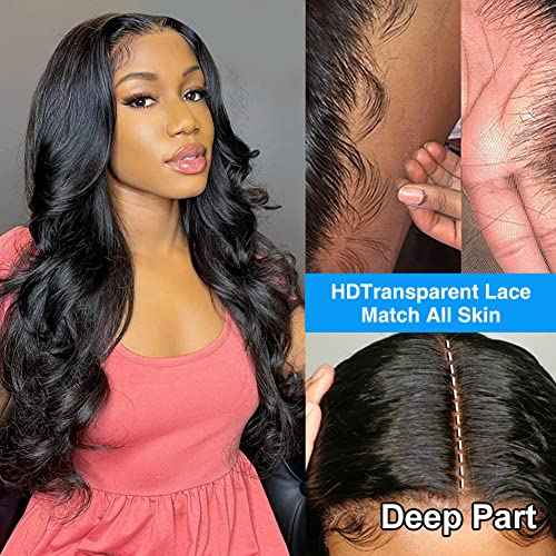 Sunelk 18 Inch Lace Front Wigs Human Hair Pre Plucked 13x4 Body Wave HD Lace Front Wigs Human Hair 180 Density Brazilian Virgin Hair Glueless Wigs Human Hair for Women Natural Black Color