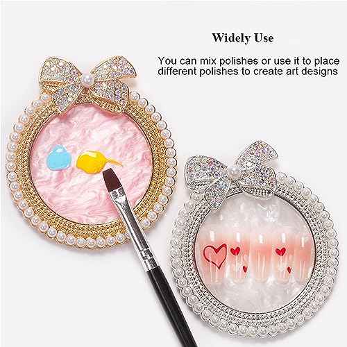 Resin Nail Art Palette, Nail Art Painting Mixed Color Palette, Bow Decorated with Rhinestones and Pearls Nail Art Display Board (Golden)