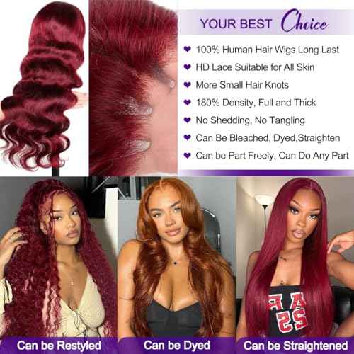 99J Burgundy Lace Front Wigs Human Hair Body Wave 13x6 HD Transparent Lace Front Wigs Human Hair Pre Plucked with Baby 99j Red Wine Glueless Human Hair Wigs for Women 26 Inch