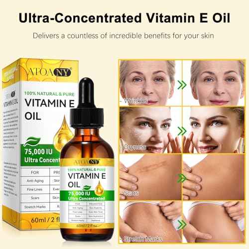 100% Pure Vitamin E Oil 75,000 IU - for Fading Scars, Stretch Marks & Anti-Aging - Deep Moisturizer for Face, Neck & Body - Hexane-Free, Natural, Vegan, Non-GMO (2 fl oz)