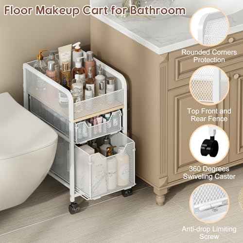 Rolling Makeup Cart Organizer with 2 Drawers, Narrow Floor Skincare Organizers, Vanity Organizer Cosmetics Display Cases Holder for Skin Care Nail Polish Perfume Makeup Brush, White