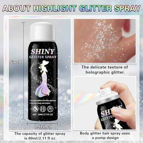 Body Glitter Spray, 60ML Shiny Silver Glitter Spray for Hair Body and Clothes,Long-Lasting Quick-Drying Holographic Ultra Fine Powder Glitter Hairspray for Festival Rave Stage Prom 2.11 Fl Oz