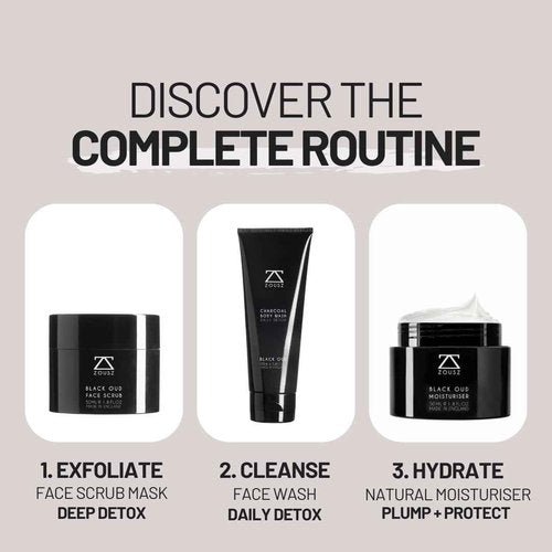 ZOUSZ Black Oud Charcoal Men’s Face Scrub & Mask – Deep Cleansing Exfoliating Clay Face Wash with Activated Charcoal, Salicylic Acid & Hyaluronic Acid – Clears Pores & Revives Skin – 50ml