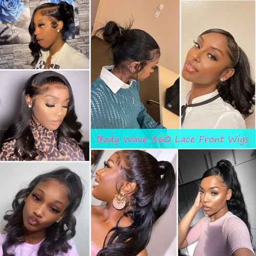 Body Wave 360 Lace Front Wigs Human Hair Pre Plucked Lace Frontal Wigs with Baby Hair for Black Women Natural Black (24 Inch)