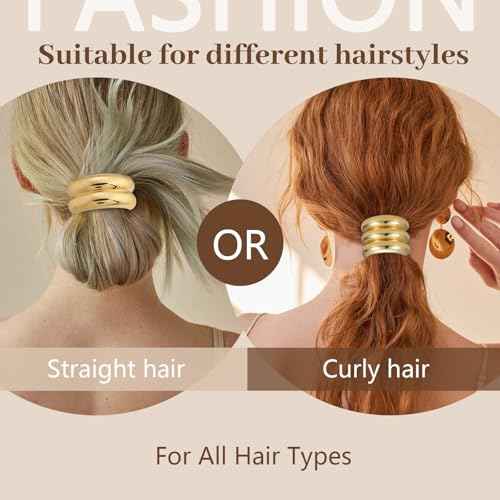 3PCS Gold Hair Ties, Metal Hair Ties for Thick Hair, Elegant Durable Geometric Design, Gold Hair Accessories Stretchy and Non-Damage Ponytail Holders