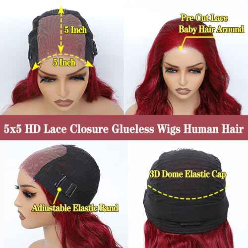 Wear and Go Glueless Wigs Human Hair Pre Plucked Pre Cut for Beginners 99j Burgundy Lace Front Wigs Human Hair Upgraded No Glue 5x5 HD Body Wave Lace Closure Wigs Human Hair for Women 30 Inch