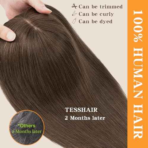 Human Hair Toppers for Women, 150% Density Hair Topper with Bang, No Tangle & Smooth, Upgrade 7x13cm Silk Base, 14 Inch #02 Dark Brown