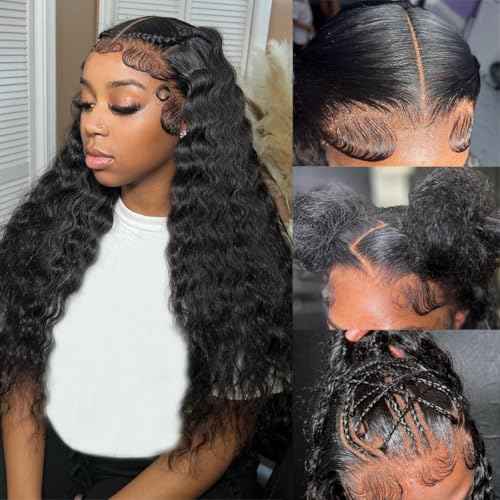 18 Inch Deep Wave 13x6 Lace Front Wigs Human Hair Pre Plucked With Baby Hair 200 Density Deep Curly Lace Frontal Wigs Human Hair Transparent HD Lace Wigs Natural Black