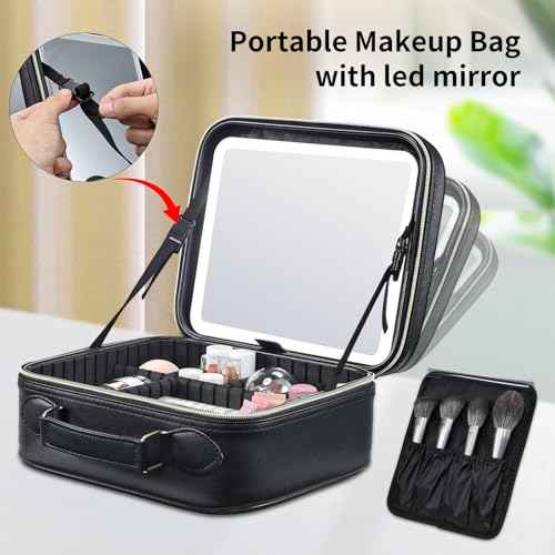 Travel Makeup Bag with LED Mirror 3 Color Modes,10.2-in Black Vegan Leather Makeup Organizer Bag with Adjustable EVA Dividers and Independent Brush Panel