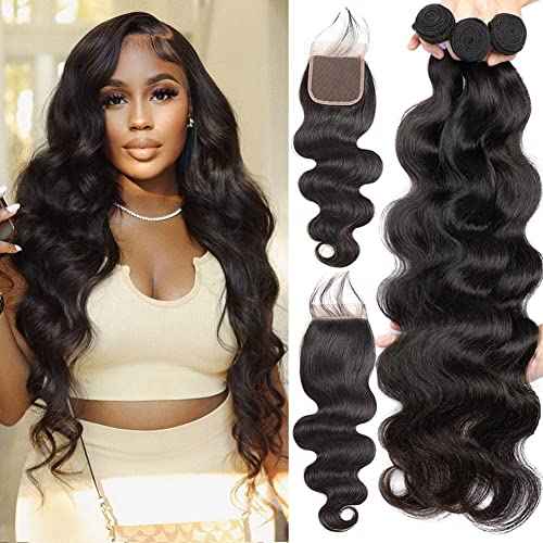 Aopusi Body Wave Bundles with Closure (18 20 22+16 Inch,Free Part) Brazilian Virgin Hair Bundles with Lace Closure Body Wave Human Hair Bundles with Closure Hair Weft for Black Women