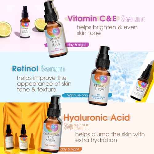 GLEOW Retinol Serum for Face, Vitamin C with Hyaluronic Acid Face Serum for Women and Men, Glow Skin Care Set Total Package Targets Appearance of Uneven Skin Tone and Dryness 3x1oz