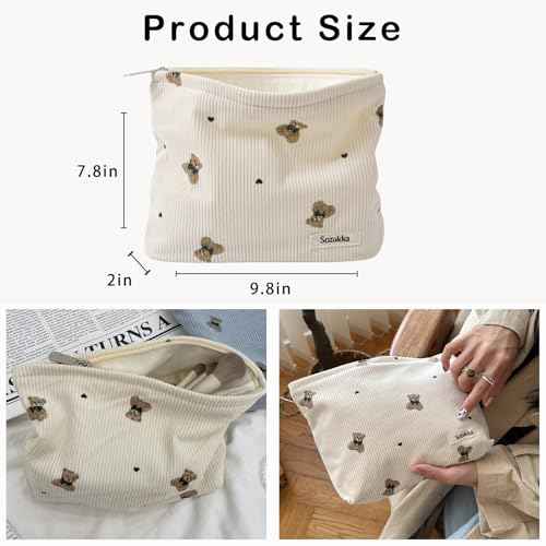 Corduroy Travel Makeup Bag with Bear Pattern, Cosmetic Bag for Purse Organizer, Toiletry Bag with Zipper For Women Travel Essentials(02Beige)