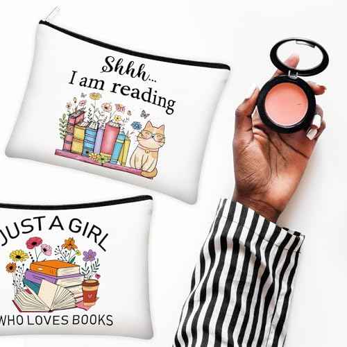 8 Pcs Book Club Gifts Book Lovers Makeup Bag Gifts for Women Cosmetic Bag with Zipper Pouch for Teen Adult Women Lovers Librarian Bookish Club Gifts(Book,Flower)