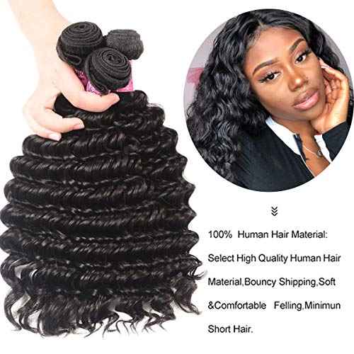 UNICE Deep Wave Human Hair Weave 1 Bundle 16 inch Unprocessed Brazilian Virgin Human Hair Sew in Extensions Natural Black Color Can be Dyed and Bleached