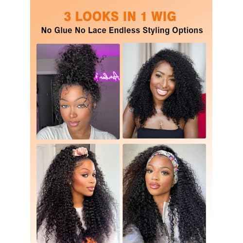 Kinky Curly Half Wig Human Hair 16Inch 250% Density 3 In 1 Seamless Flip Over Half Wigs for Women Wear and Go Glueless Headband Wig Human Hair Drawstring Beginner Friendly