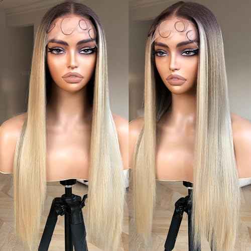 Straight Lace Wig Pre Plucked, Synthetic Lace Front Wig Pre Plucked, HD Glueless Wigs 13X5X1 Lace Wigs for Women 180 Density 26inch (ombreblond, 26)