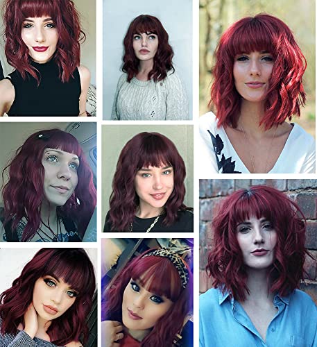 WAVE&BREEZE Short Wavy Ombre Red Wig with Bangs for Women Short Curly Bob Wine Red Hair Wig Synthetic replacement Wigs Costume Cosplay Wig for Daily Wearing(14'' Ombre Red)