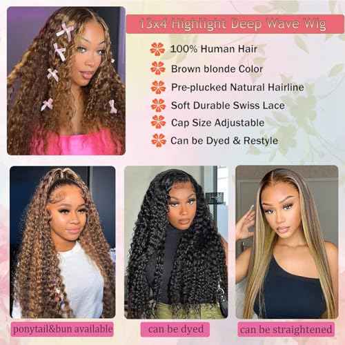 Honey Blonde 13x4 Deep Wave Lace Front Wigs Human Hair Pre Plucked with Baby Hair 4/27 Highlight Glueless HD Transparent Lace Frontal Wigs for Black Women 180 Density (24 Inch)