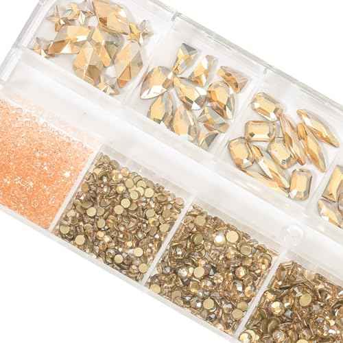 HNUIX Champagne Gold Nail Rhinestones Kit Flatback Nail Charms Glass Gems Stones 1450Pcs Nail Art Gems Diamonds Jewels Multi Shapes Sizes Nail Charms Tweezer & Wax Pen for Nails DIY Faces Eyes Makeup