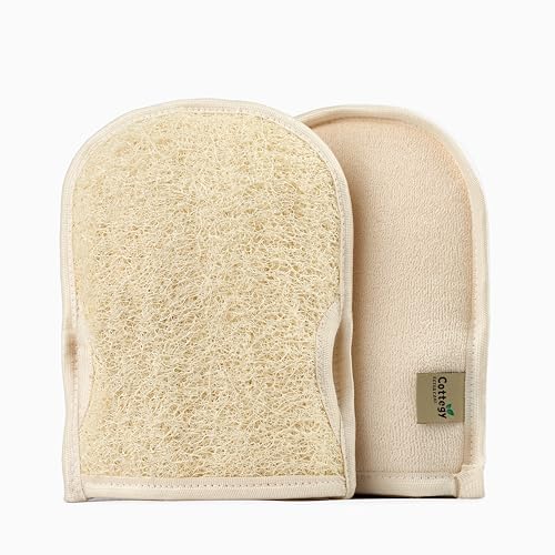 Premium Exfoliating Loofah Gloves ? Natural Egyptian Loufa Sponge Body Scrubber Mitts for Soft, Radiant Skin ? Left and Right Thumb Holes - Gentle Exfoliation & Deep Clean (1-Pack) (Count 2)