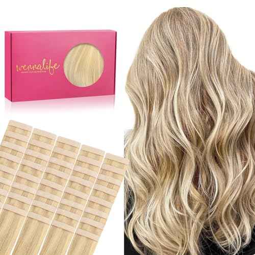 WENNALIFE Tape in Hair Extensions Human Hair, 40pcs 100g 18 inch Light Blonde Highlighted Golden Blonde Hair Extensions Real Human Hair Straight Tape in Extensions Invisible Human Hair Extensions