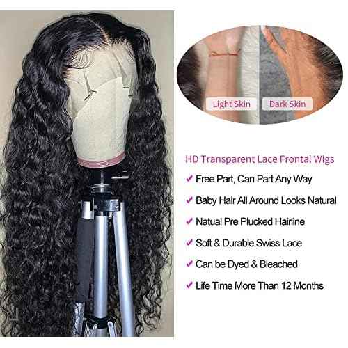28 Inch Lace Front Human Hair Wig, Deep Wave, 180% Density, Glueless, Natural, Curly, Black, Medium Cap Size, Full Coverage, Clips/Combs Attachment