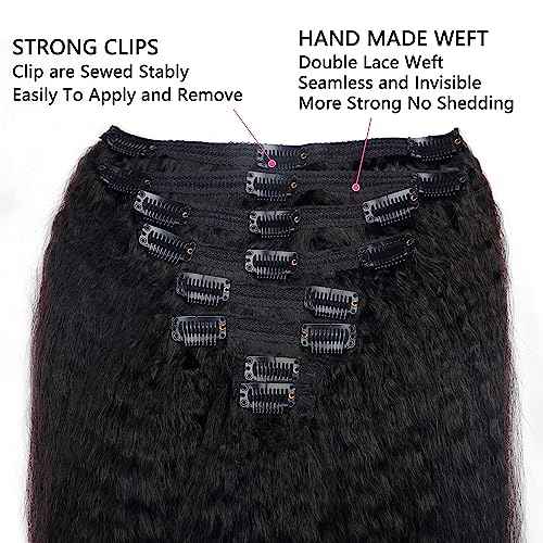 Clip in Hair Extensions Real Human Hair Natural Black Kinky Clip ins Seamless Kinky Straight Clip on Hair Extensions for Women 8pcs with 18 Clips 120g(26inch)