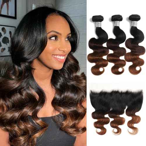 Chestnut Ombre Bundles With 13x4 Hd Lace Frontal Human Hair Body Wave, 12A Dark Brown 3 Bundles Human Hair And Frontal Ear To Ear Free Part #T1B/2/30 3 Tones Colored Sew In Extension 10 12 14+10