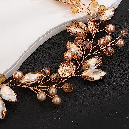 Teyglen Bride Wedding Hair Vine Bridal Gold Leaf Crystal Headband Handmade Black Champagne Rhinestone Pearl Hair Pieces Headpieces Hair Accessories for Bride Women Girls (Champagne)