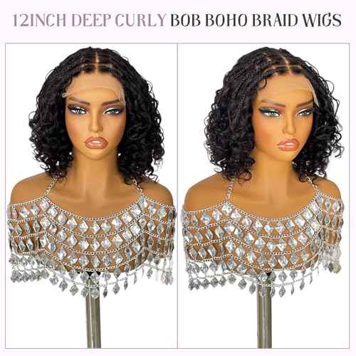 Smavida Short Deep Curly Bob Boho Braid Human Hair Wigs 10 Inch 180% Density Glueless 5X5 HD Lace Closure Box Braid Wigs Pre Plucked with Baby Hair Nature Black Curly Knotless Braided Wig for Women