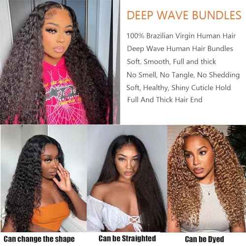 Deep Wave Human Hair Bundles- 20/22/24 Inch Curly Deep Wave Bundles Unprocessed Brazilian Virgin Wet and Wavy Bundles human hair 12A Hair Extensions Real Human Hair for Woman Natural Color Full, Soft