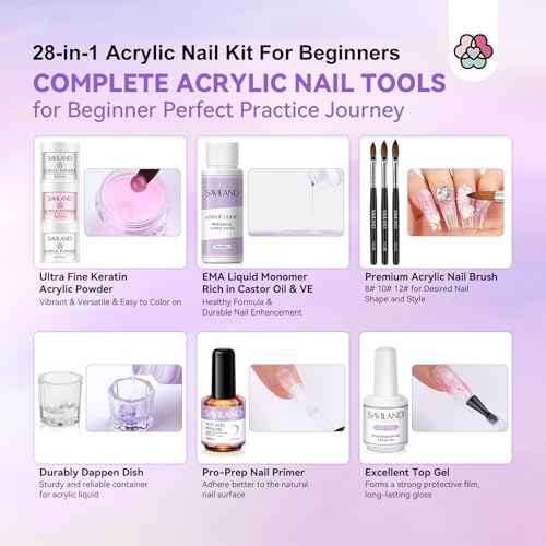 SAVILAND Acrylic Nail Kit with Drill: Nail Kit Acrylic Set with Everything for Beginners Glitter Powder and Liquid Set 100 Nails Tips Home DIY Manicure Salon