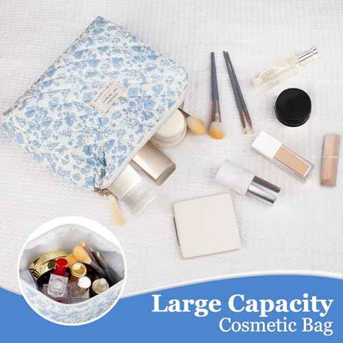 Floral Makeup Bag, Large Cosmetic Bag for Women Girls, Cute Cotton Make up Pouch, Quilted Makeup Bags, Flower Travel Toiletry Organizer Bag(Blue Floral)