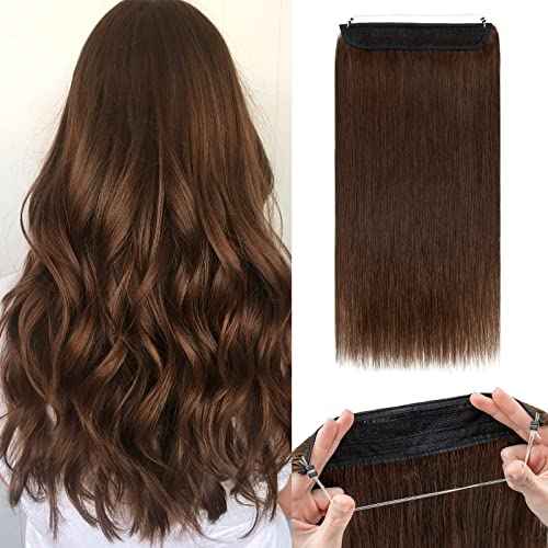 Benehair Human Hair Extensions Thick Ends Invisible Wire Real Human Hair with 2 Fish Lines Thicker Hairpieces 18inch 100g Medium Brown Hair Extensions Straight Thicker Hairpieces for Women #4