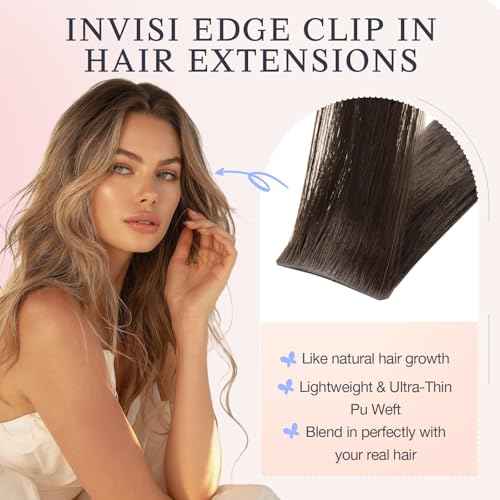 DOORES Clip in Hair Extensions Real Human Hair 14 inch 110g 7pcs Invisible Human Hair Extensions Clip ins, Injected Seamless PU Clipins Virgin Invisi Edge Natural Straight, 4A Chocolate Brown