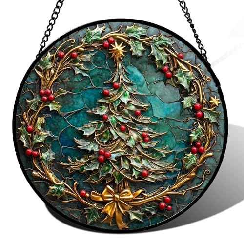 Stained Glass Window Hangings - Red Gold Green Wreath Suncatcher for Door Home Christmas Tree Decoration Sun Catcher Thanksgiving New Year Birthday Gift for Women Men Mom Grandma 6.3 in