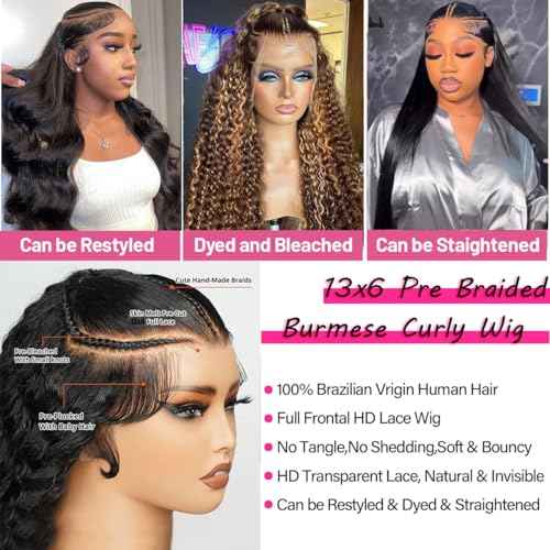 Burmese Curly Wig Human Hair Pre Braided Wig 13x6 Water Wave Lace Front Wigs Human Hair 180% Density Glueless Transparent Lace Frontal Wigs Pre Plucked for Black Women with Spiral End (22 Inch)