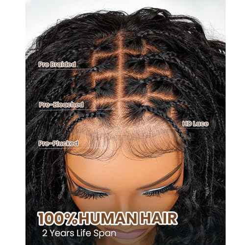 Munx Knotless Braided Wigs Human Hair 5x5 Closure Lace with Braided Bob Curly Deep Wave Square Parted Knotless Preplucked Boho Braided Lace Front Bob Wigs for African American 100% Human Hair 10in
